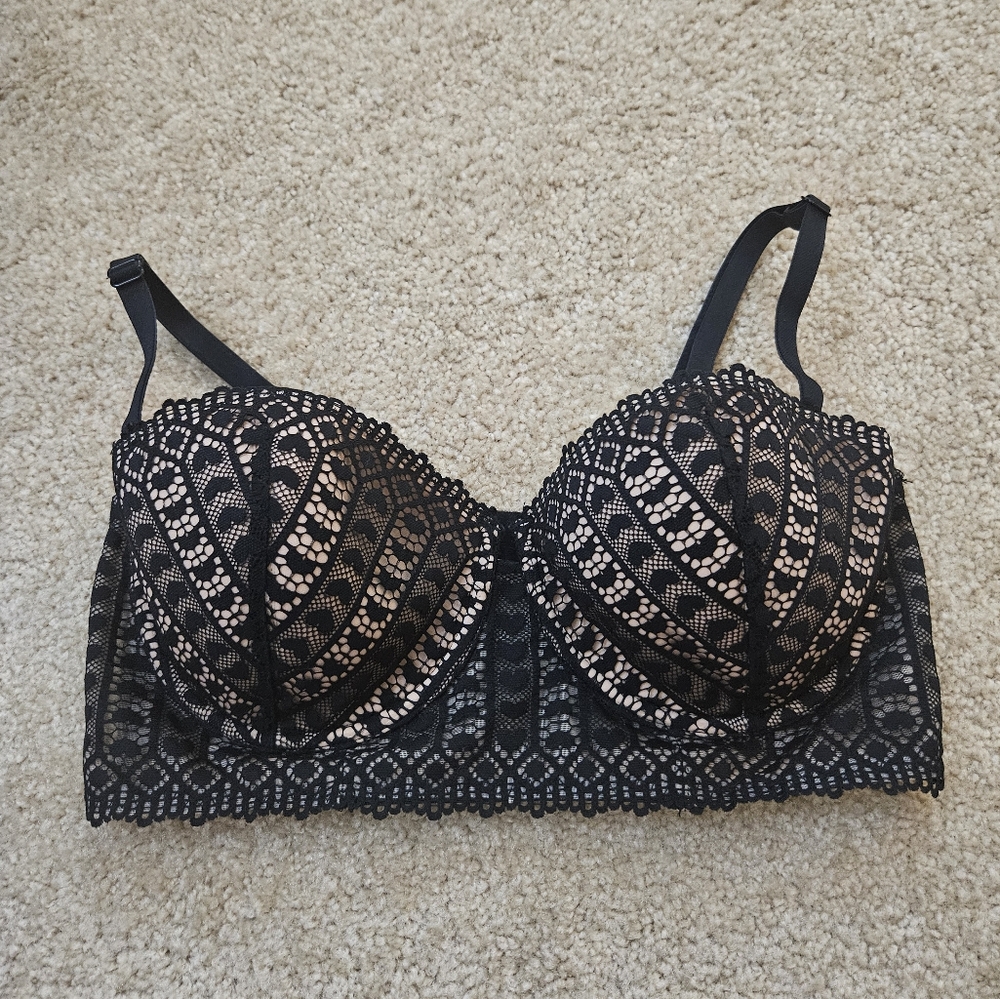 Adore Me Long Line Contour Balconette Demi Black Lace Hearts Women's Size 34DD